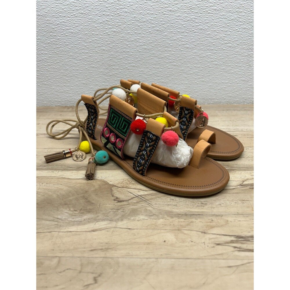 Via Pinky Collection Pom Pom Ancle Strap Bohemian Style Women's Sandals Size 8.5